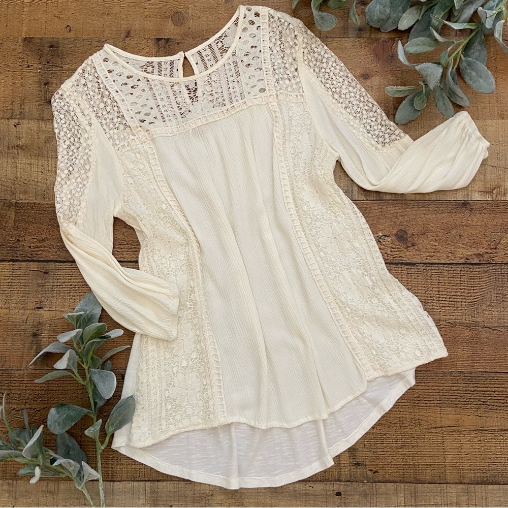 Cream Lace + Textured Flowy Blouse, Perfect for Layering